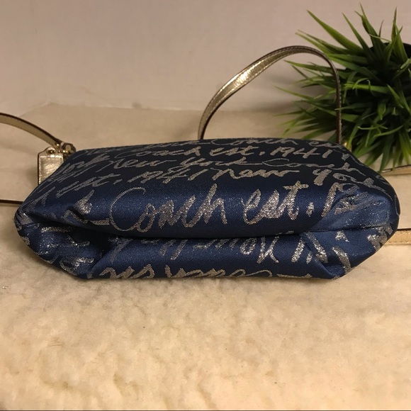 In Like-New COACH Poppy Signature Script Lurex Blue Gold Jacquard Leather Bag - Picture 9 of 14